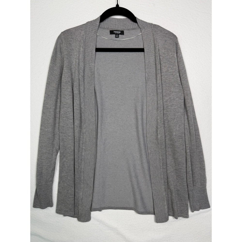 Premise Studio Cardigan Women MED Gray Open Front Ribbed Trim Long Sleeve Knit